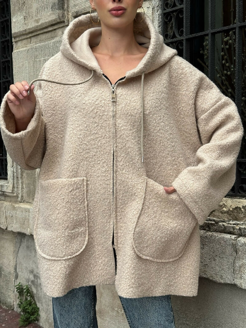 Cozy Zip-Up Teddy Hooded Jacket in Beige