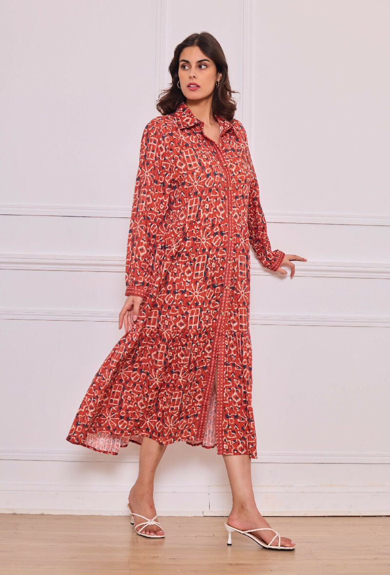 Mid-length cotton shirt dress - Red