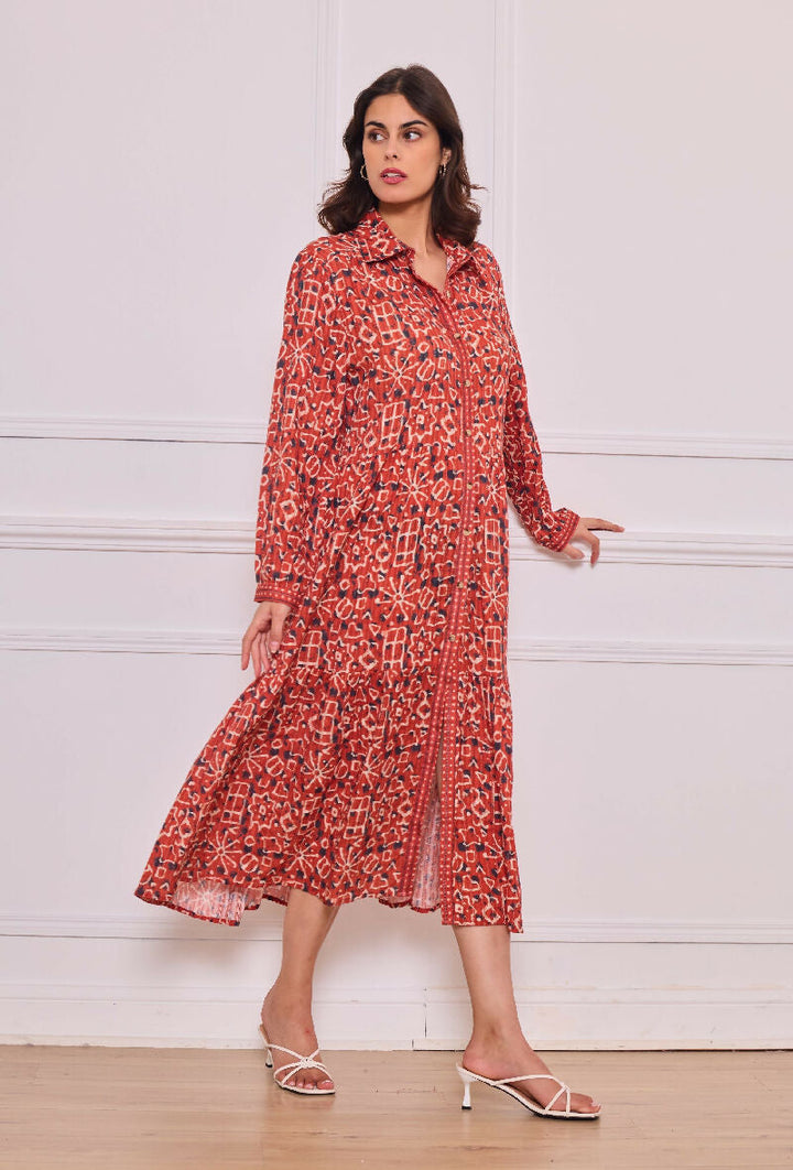 Mid-length cotton shirt dress - Red