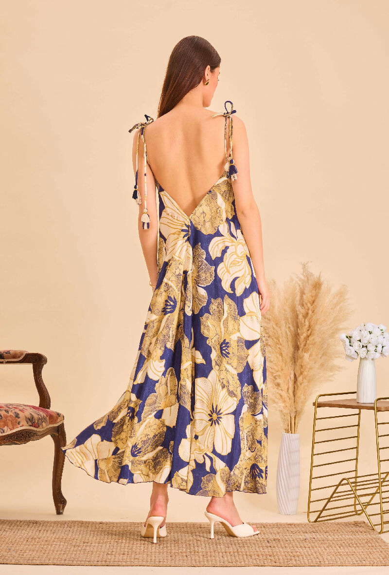 Long bohemian silk backless dress - Bleu
