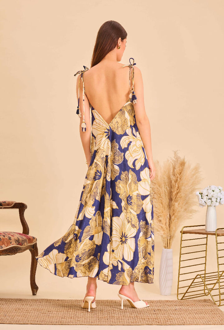 Long bohemian silk backless dress - Bleu