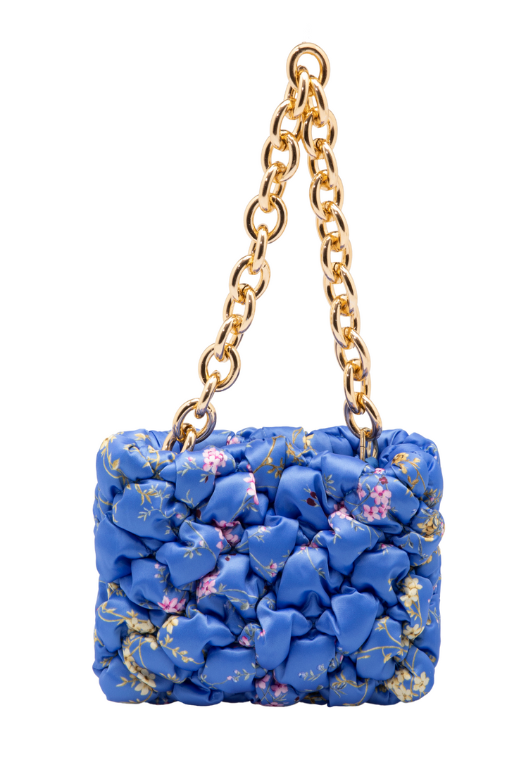 Blue Ruched Floral Mini Bag with Gold Chain