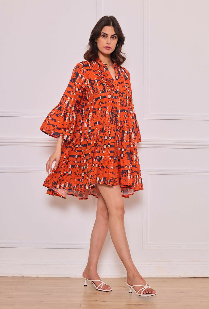 Short A-line dress in printed cotton- Orange