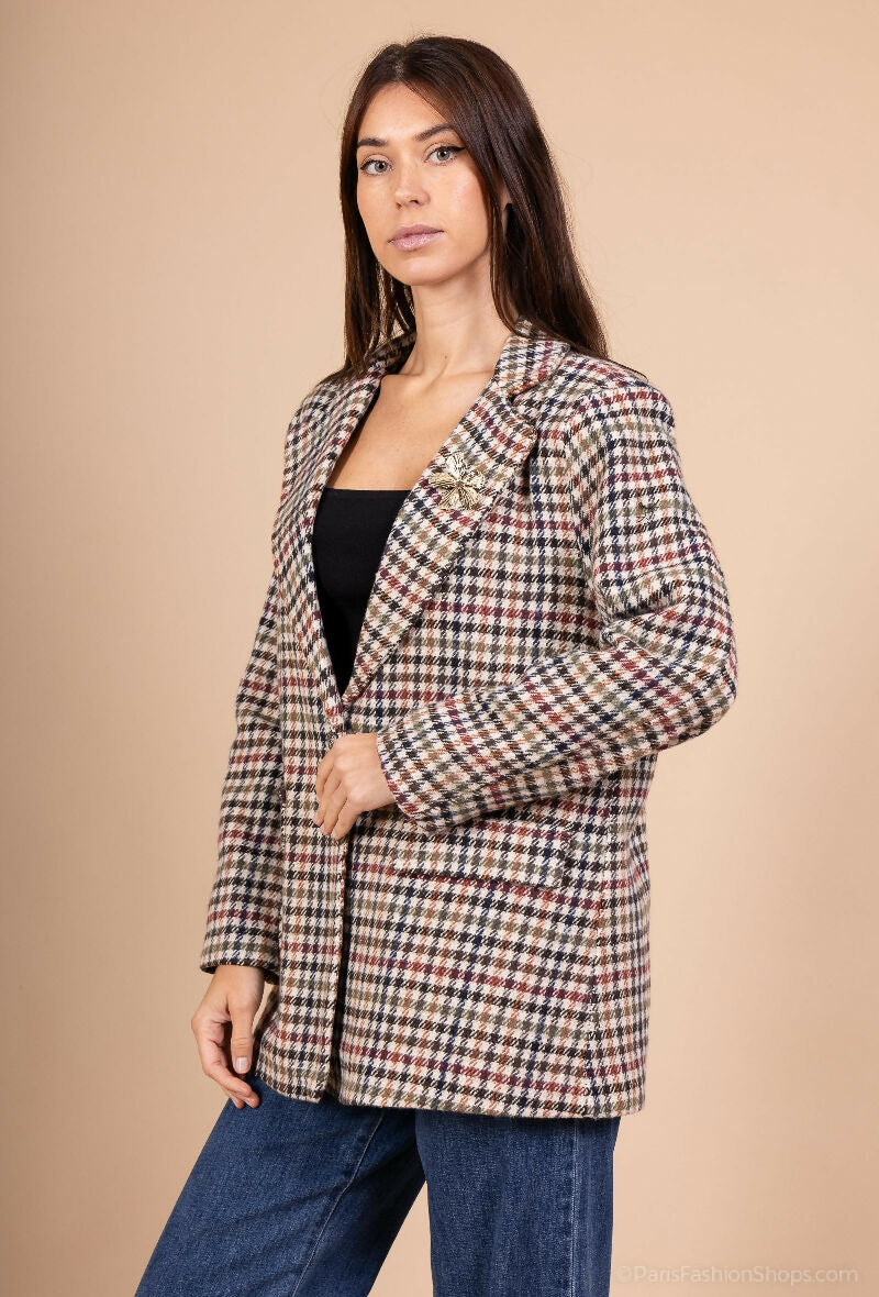 Plaid Blazer with Brooch