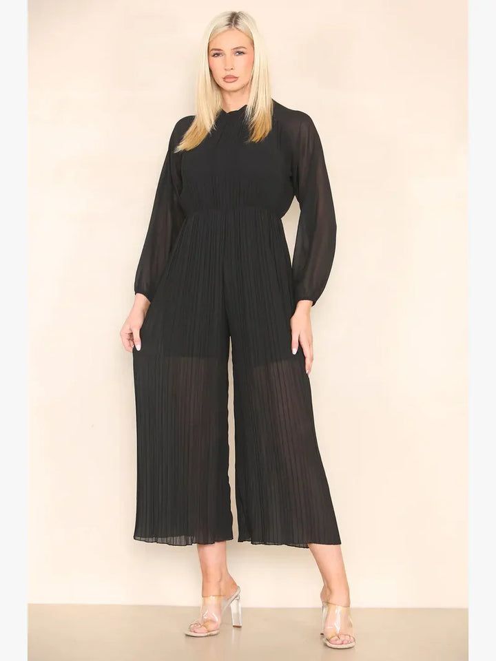 High Neck Pleated Jumpsuit with Open Bow Back