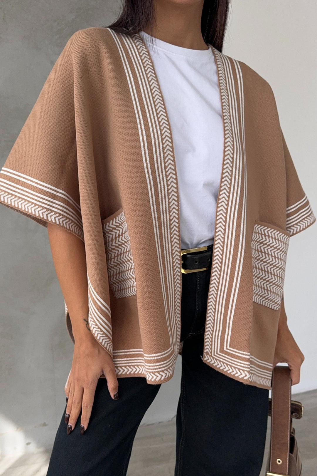 Knitted Cardigan/Poncho with Stripe Edge – Camel - jqwholesale.com