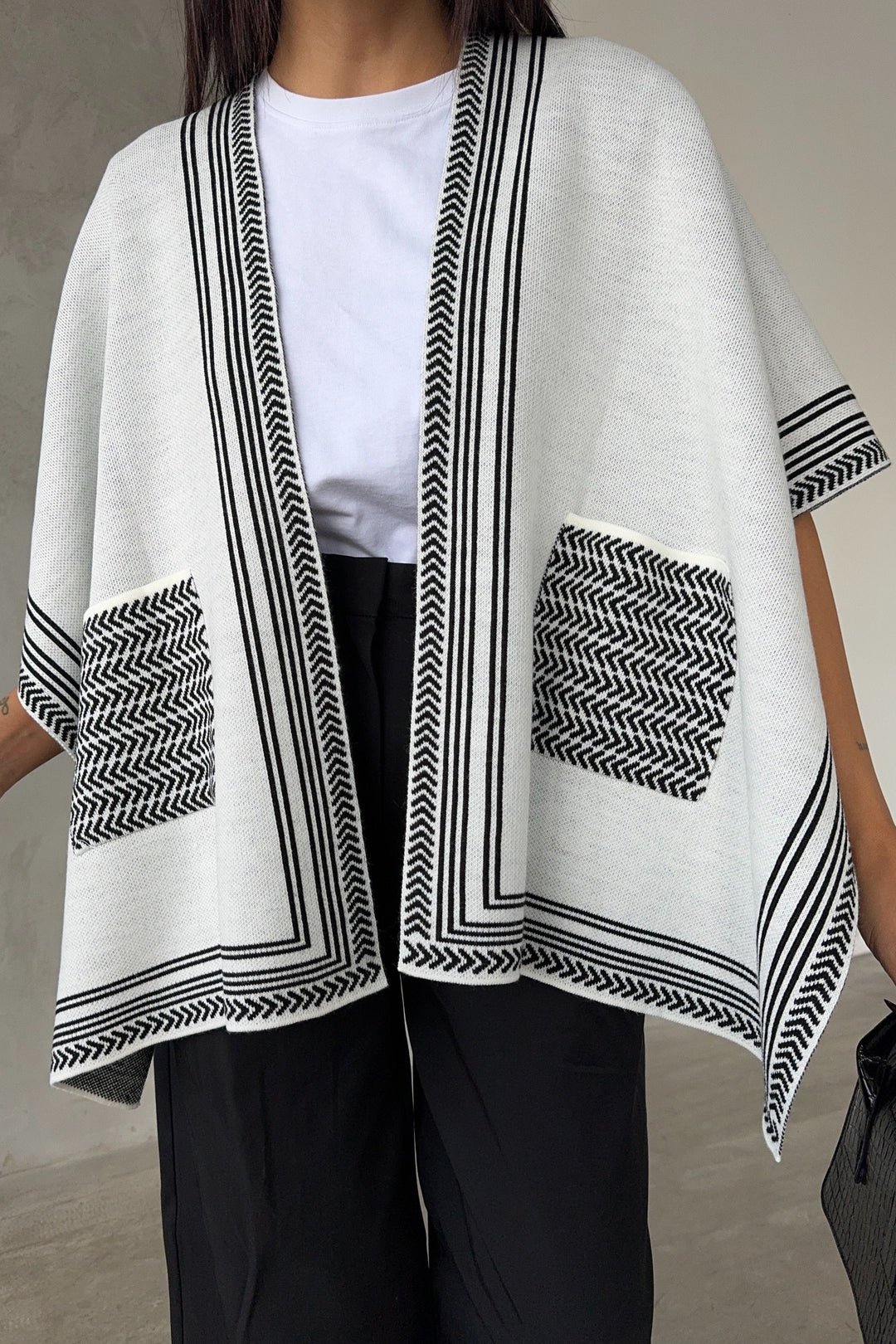 Knitted Cardigan/Poncho with Stripe Edge – Ecru - jqwholesale.com