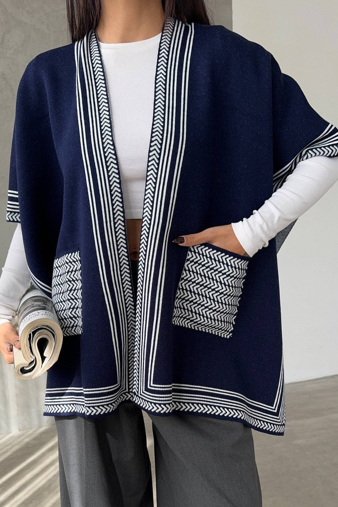 Knitted Cardigan/Poncho with Stripe Edge – Navy - jqwholesale.com