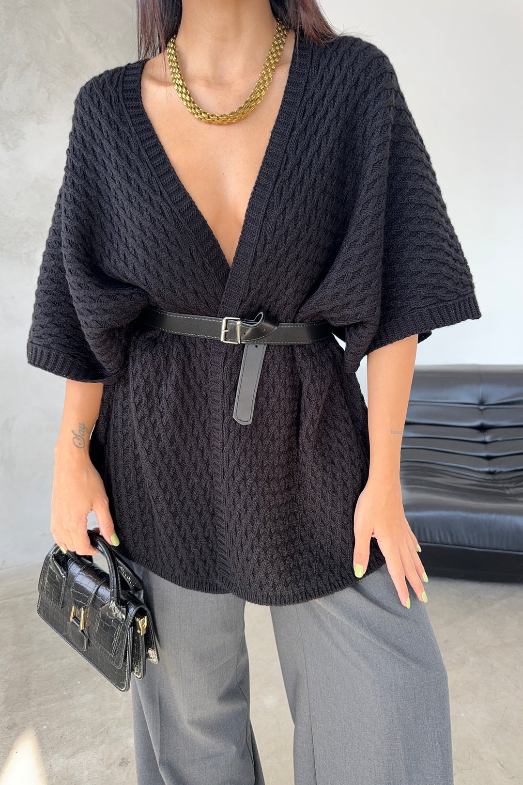 Short Sleeve Wrap Cardigan in Classic Black - jqwholesale.com