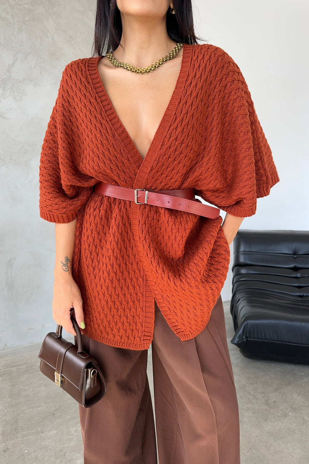Short Sleeve Wrap Cardigan in Rust Red - jqwholesale.com