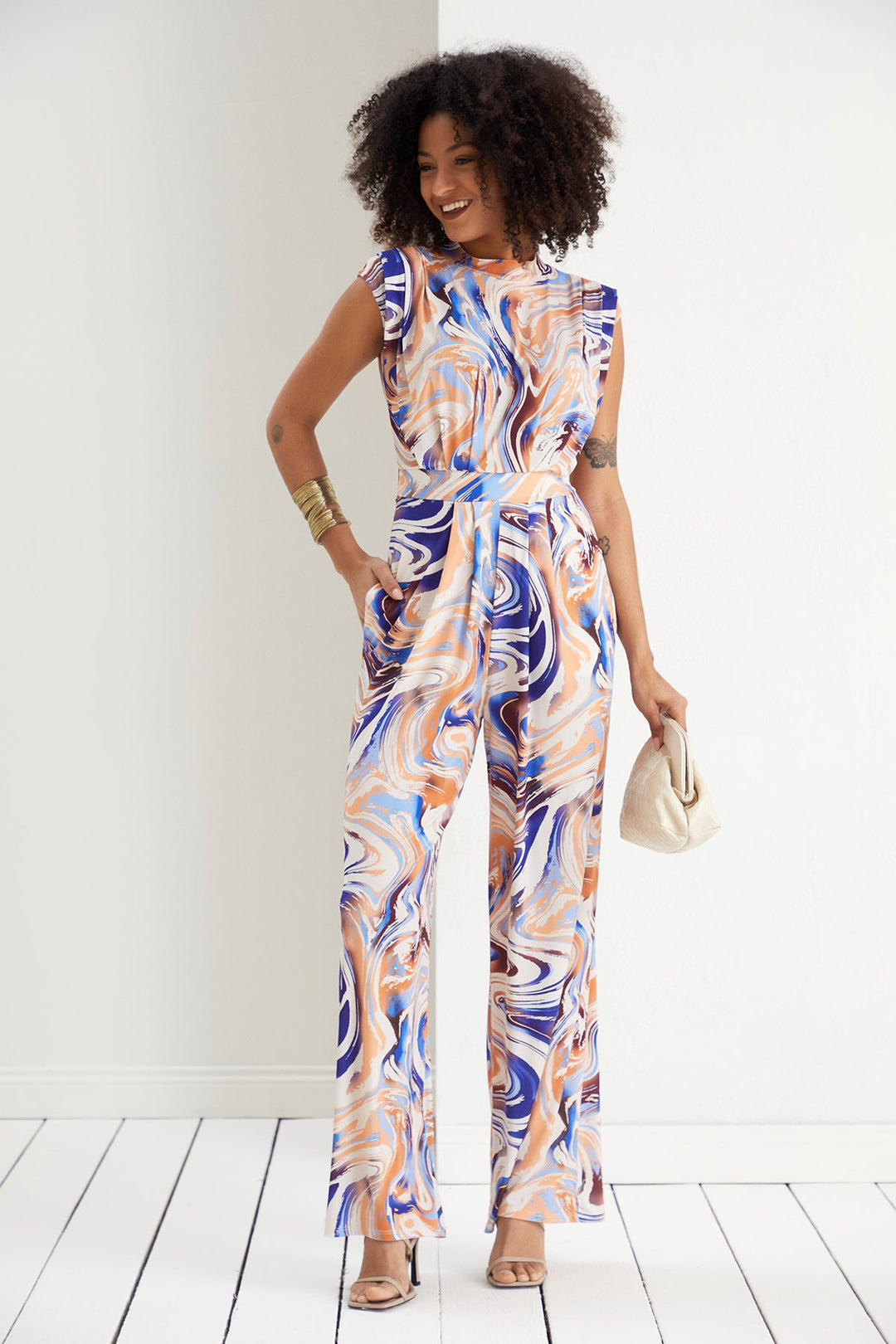 Sarry High neck Jumpsuit in Blue print - jqwholesale.com