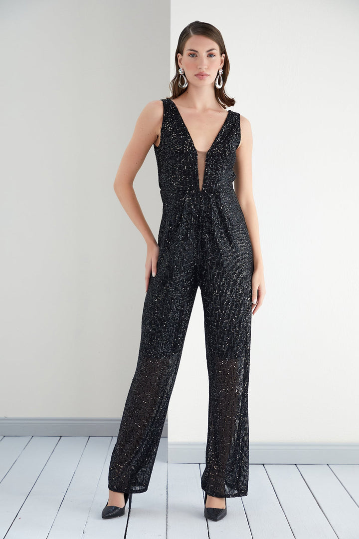 Sequin Sleeveless Maxi Wide Leg Jumpsuit in Black - jqwholesale.com