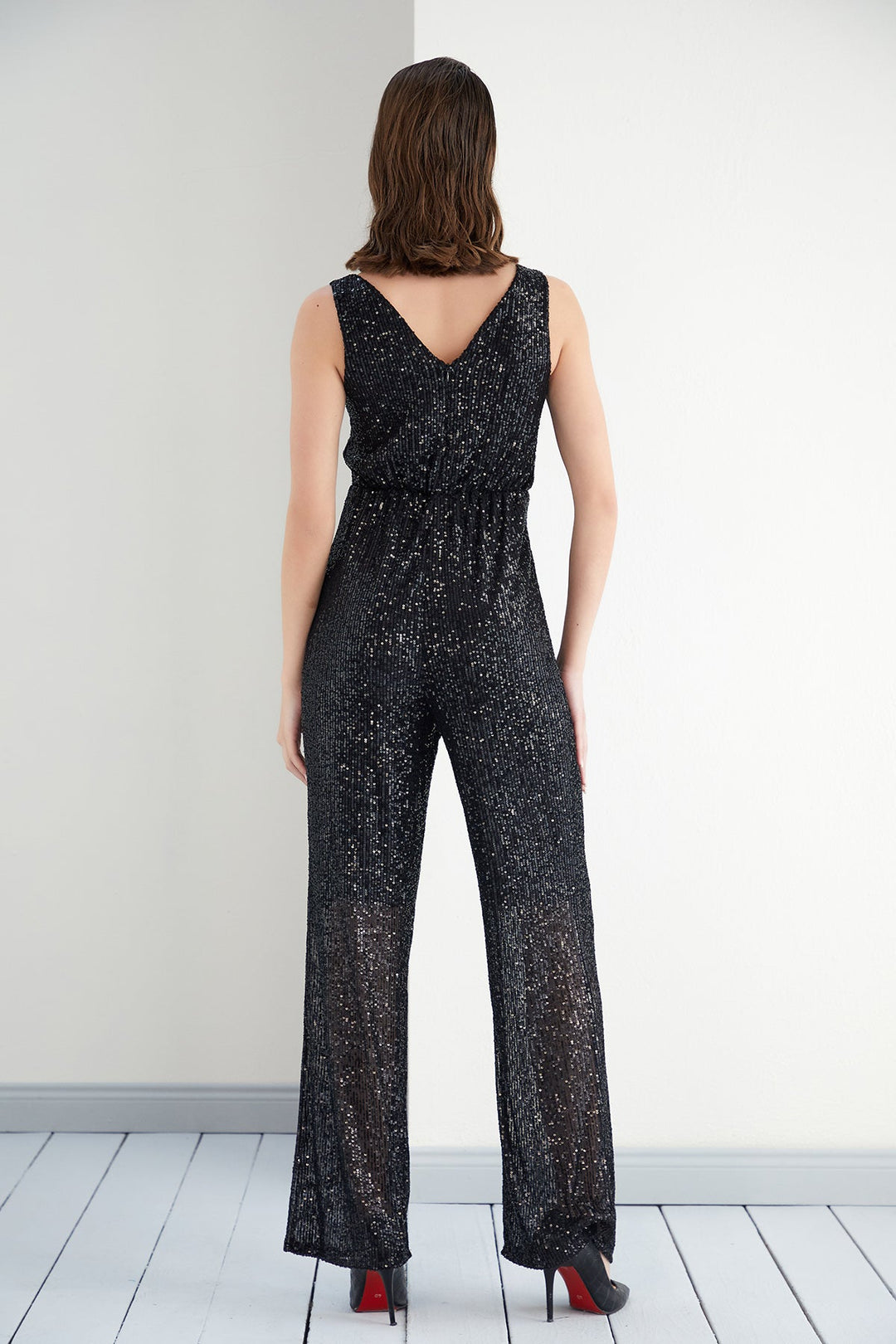 Sequin Sleeveless Maxi Wide Leg Jumpsuit in Black - jqwholesale.com