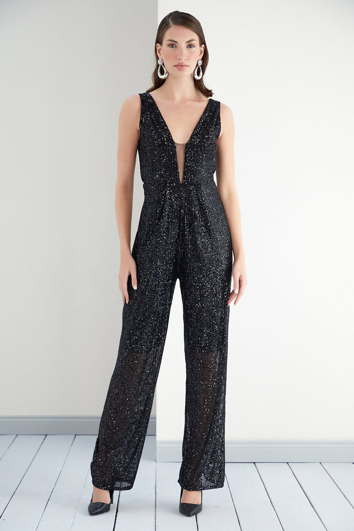 Sequin Sleeveless Maxi Wide Leg Jumpsuit in Black - jqwholesale.com
