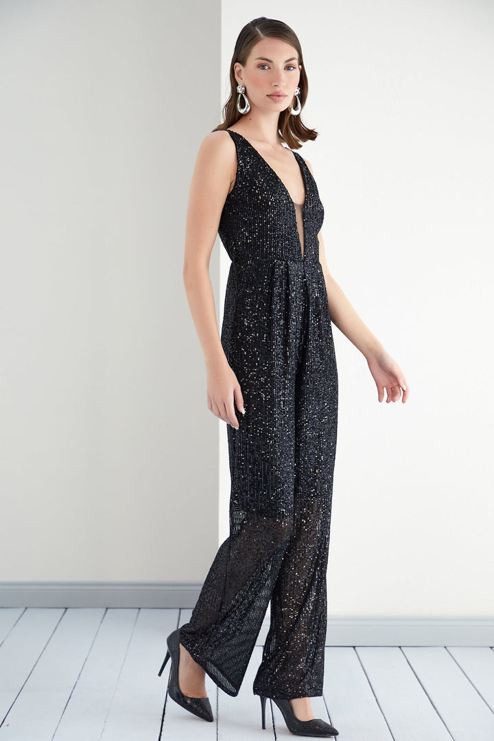Sequin Sleeveless Maxi Wide Leg Jumpsuit in Black - jqwholesale.com