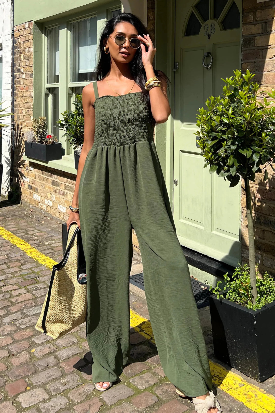 Elasticated Wide Leg Cami Jumpsuit in Khaki - jqwholesale.com