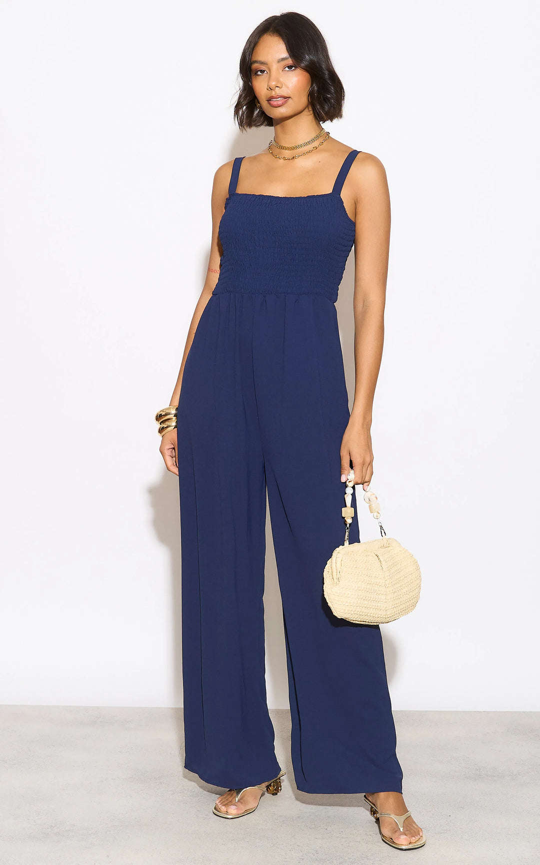 Elasticated Wide Leg Cami Jumpsuit in Navy Blue - jqwholesale.com