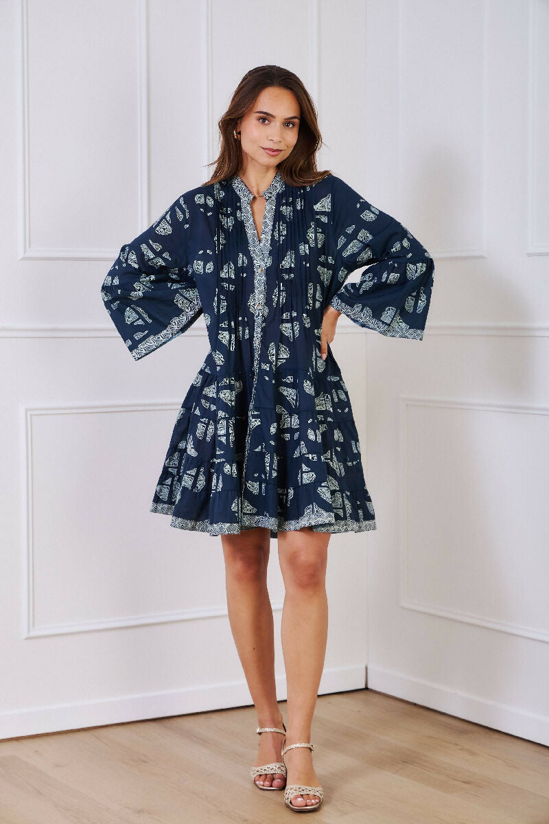 Short A-line dress in printed cotton- Navy