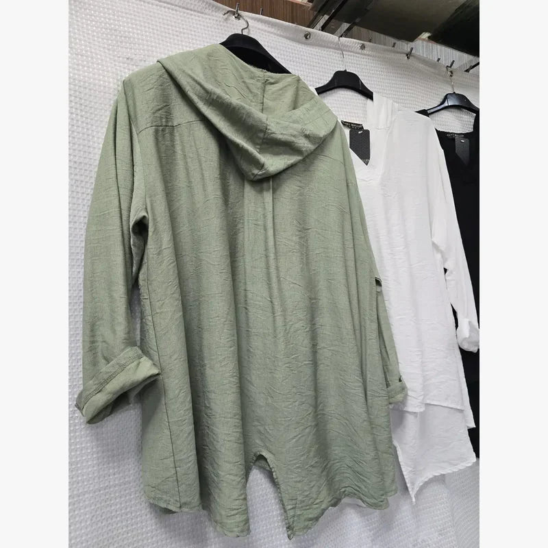 V Hooded Linen Look Tunic - jqwholesale.com