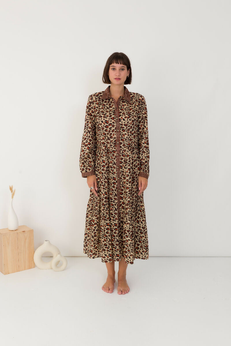 Cotton shirt dress with leopard print