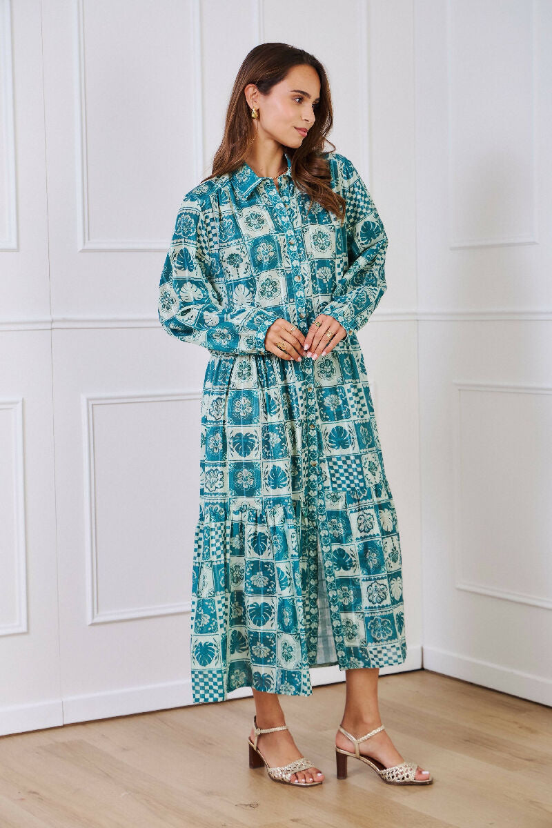 Mid-length cotton shirt dress - Green