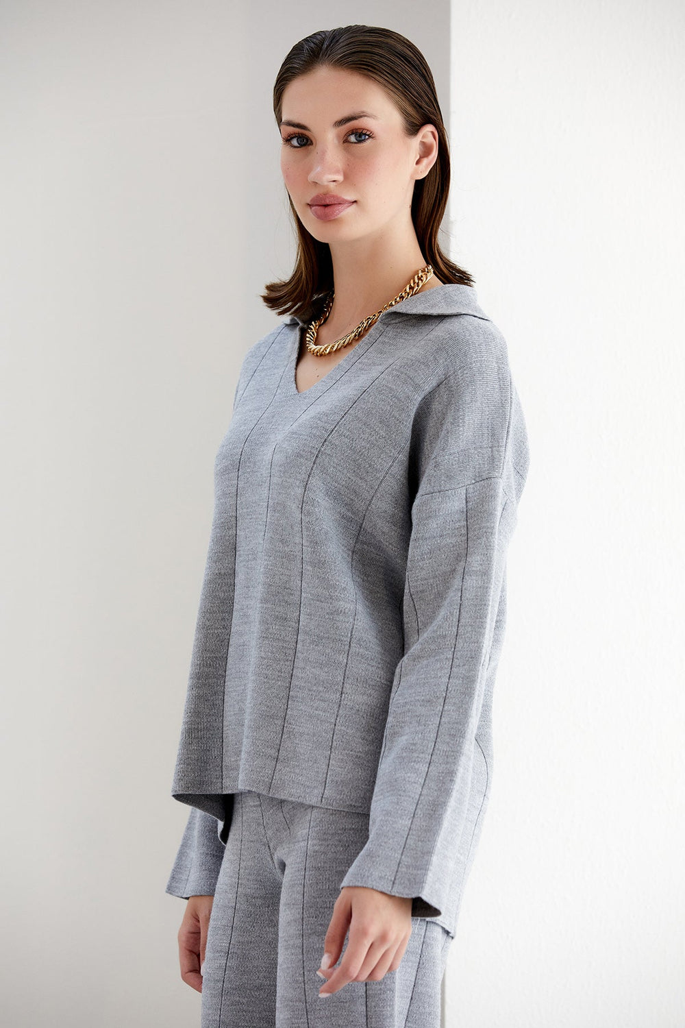 Oversize Striped Knitted Co Ord Set in Grey - jqwholesale.com
