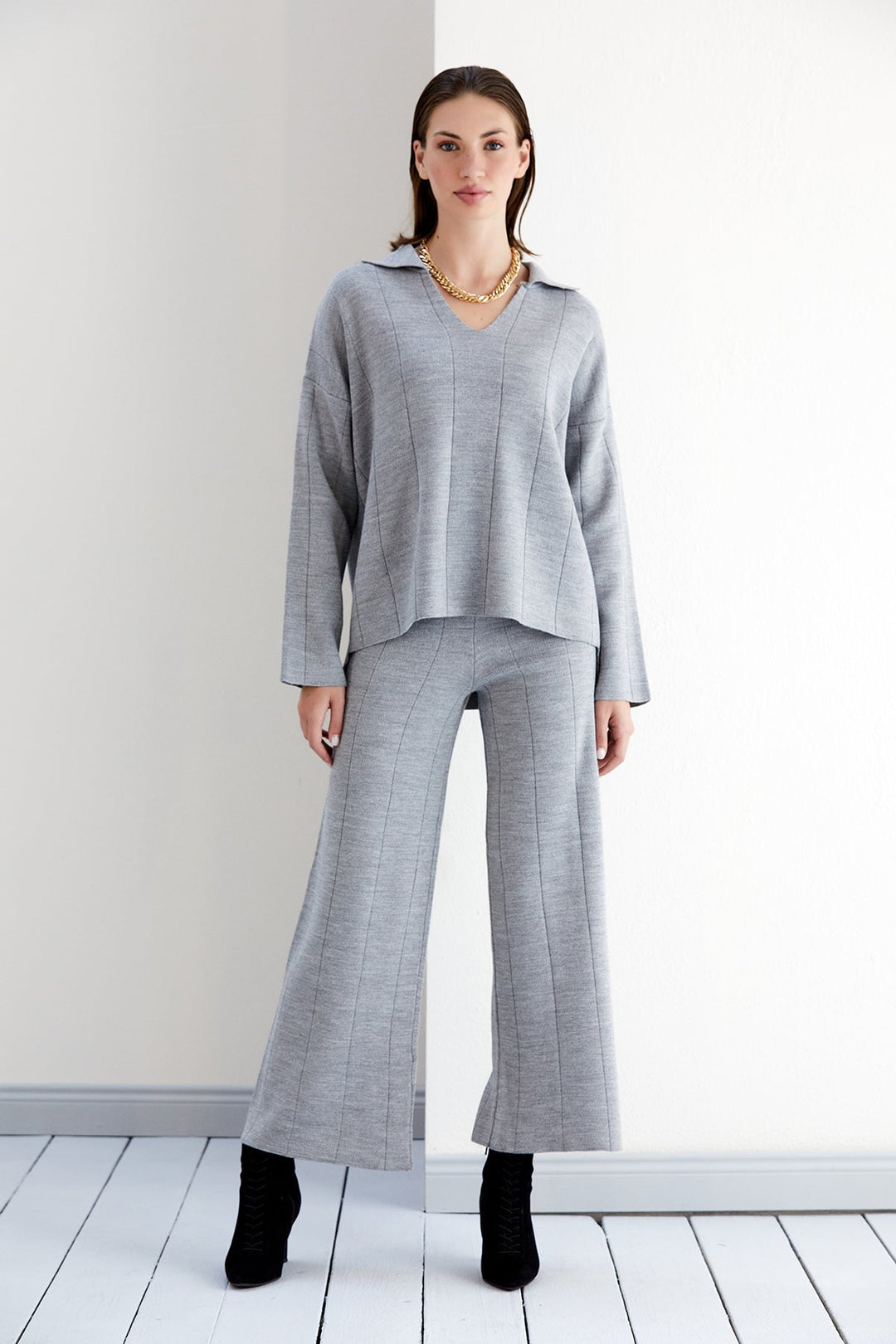 Oversize Striped Knitted Co Ord Set in Grey - jqwholesale.com