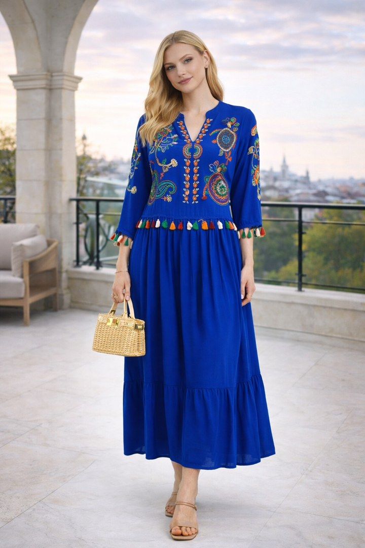 Embroidered Tiered Midi Dress with V-Neck Design in Blue