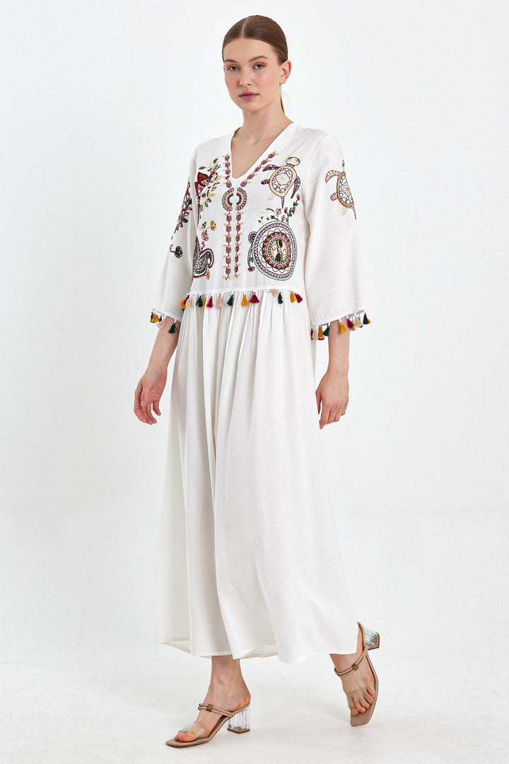 Embroidered Tiered Midi Dress with V-Neck Design in White