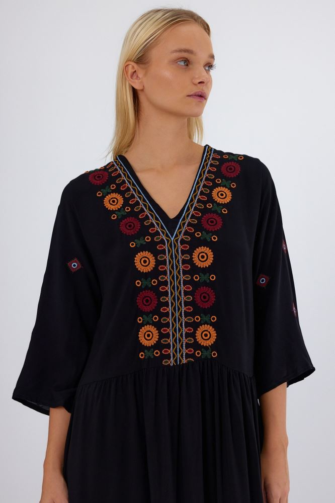Embroidered V-Neck Maxi Dress in Black