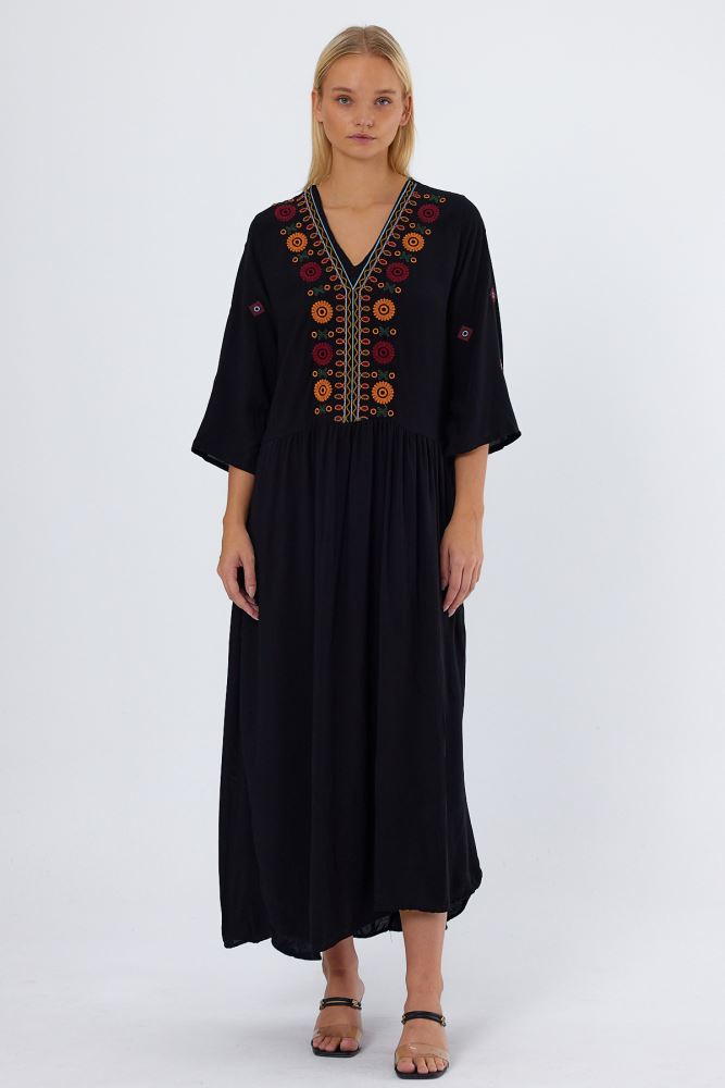 Embroidered V-Neck Maxi Dress in Black