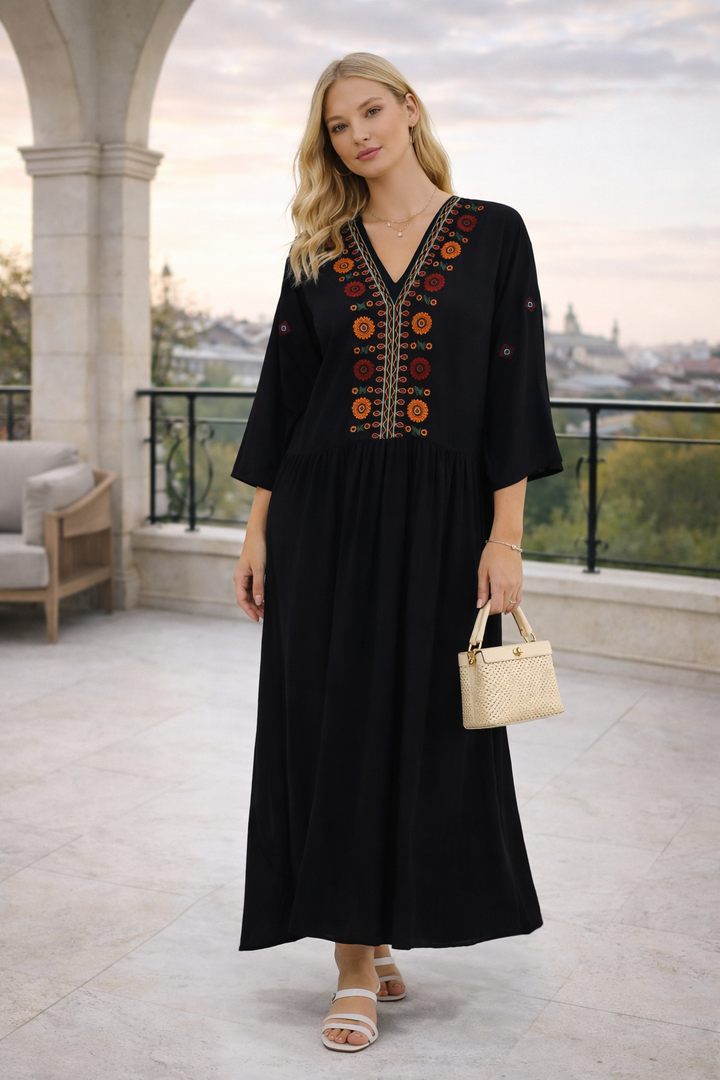 Embroidered V-Neck Maxi Dress in Black