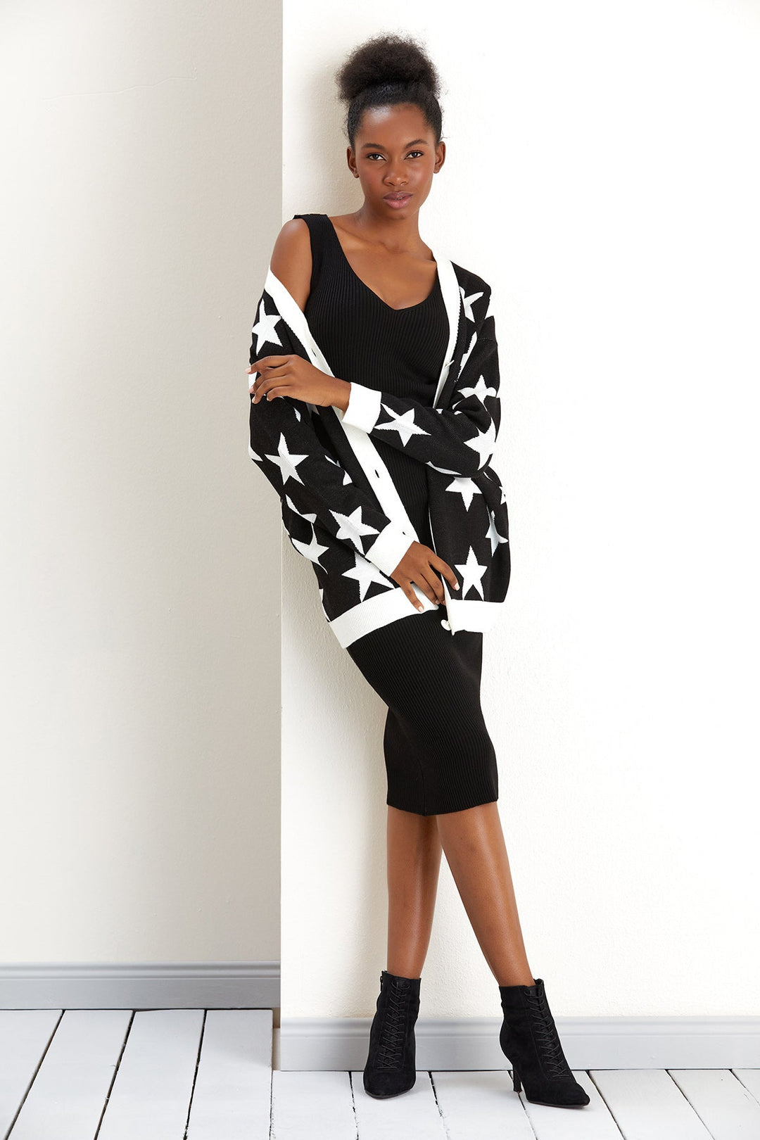 Star Knitted Co Ord set in Black/White: Midi Dress with Cardigan (PRE-ORDER) - jqwholesale.com
