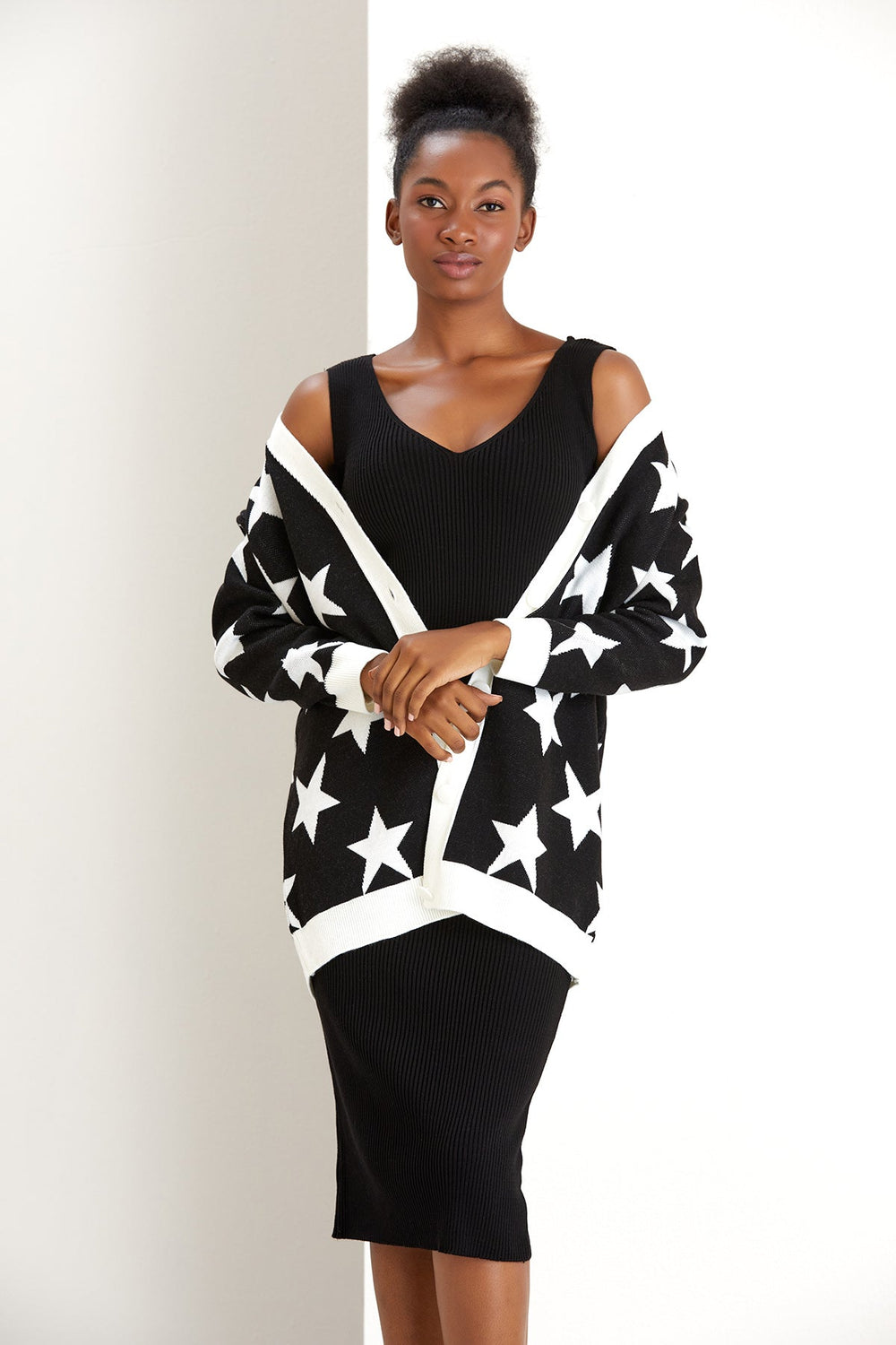 Star Knitted Co Ord set in Black/White: Midi Dress with Cardigan (PRE-ORDER) - jqwholesale.com