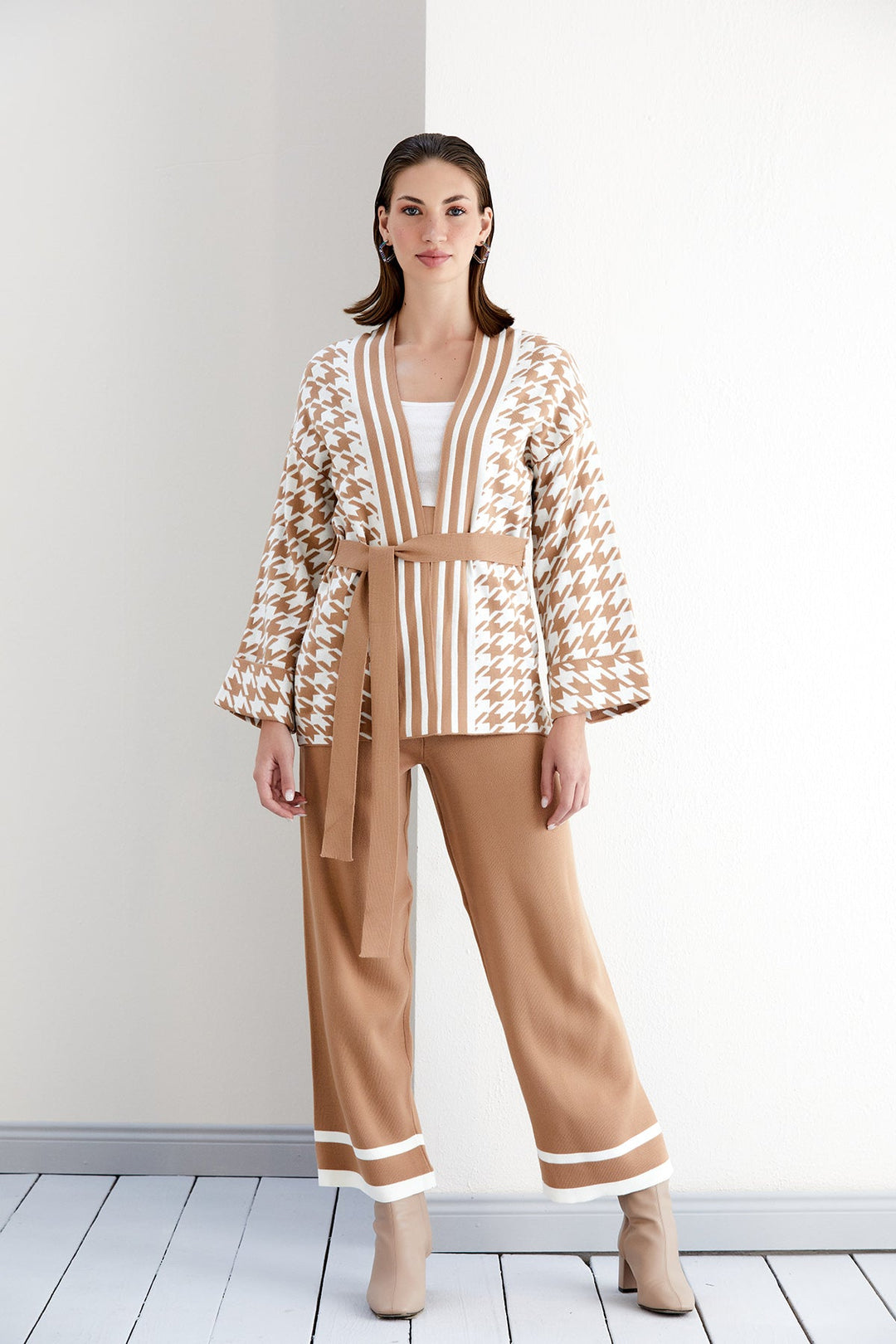 Knitted Wrap Cardigan and Wide Leg Trousers Co Ord set in Camel/White - jqwholesale.com