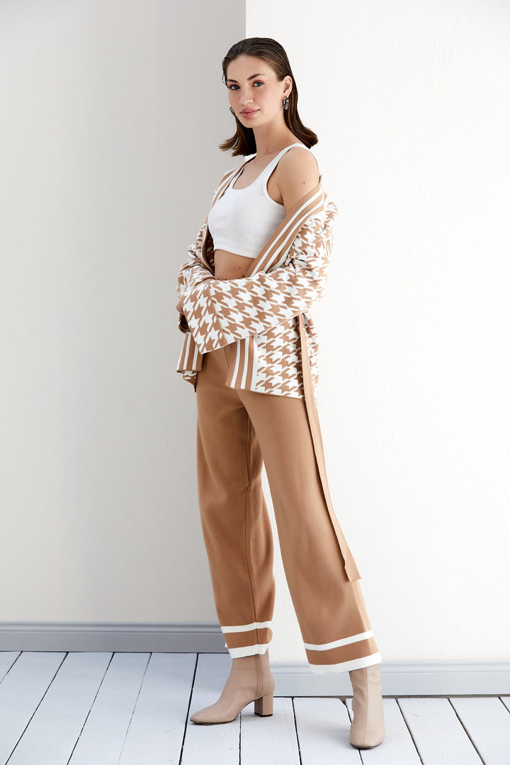 Knitted Wrap Cardigan and Wide Leg Trousers Co Ord set in Camel/White - jqwholesale.com
