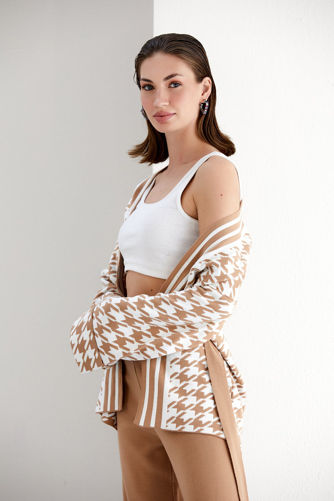 Knitted Wrap Cardigan and Wide Leg Trousers Co Ord set in Camel/White - jqwholesale.com