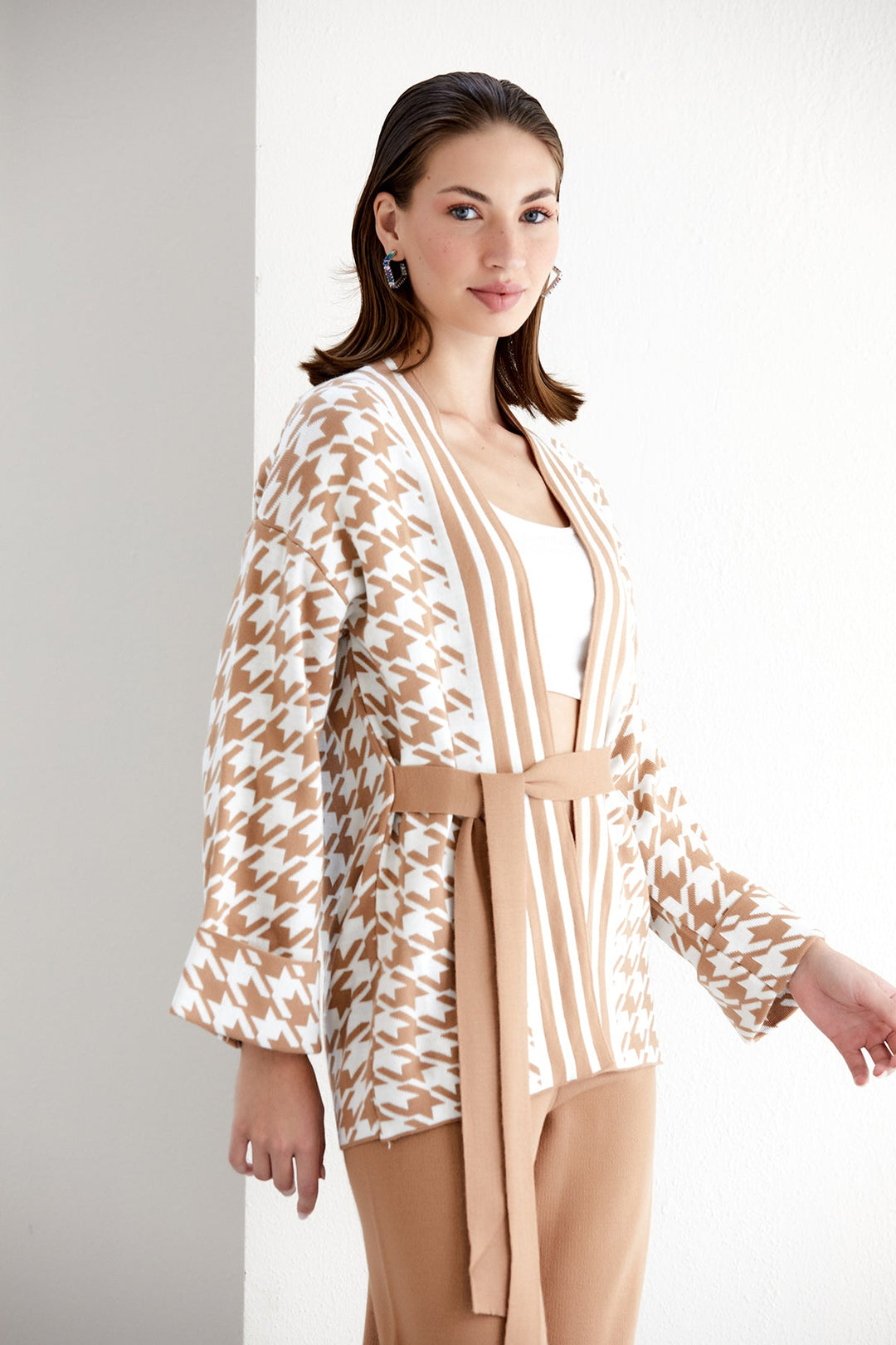 Knitted Wrap Cardigan and Wide Leg Trousers Co Ord set in Camel/White - jqwholesale.com