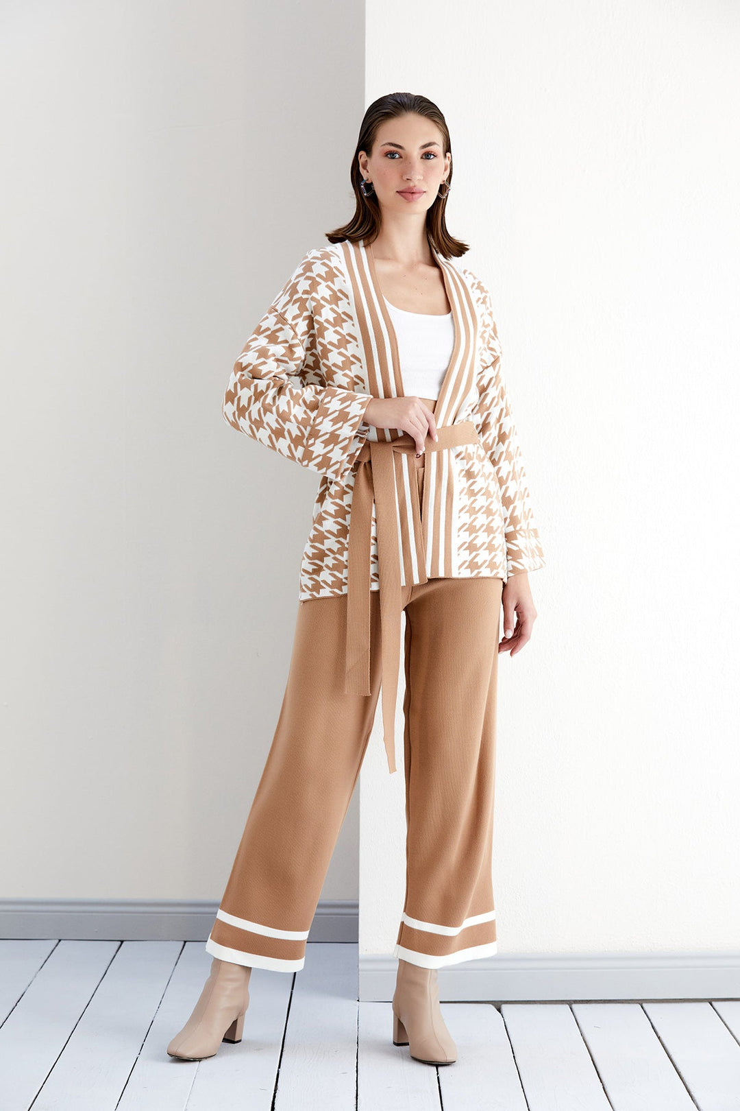 Knitted Wrap Cardigan and Wide Leg Trousers Co Ord set in Camel/White - jqwholesale.com