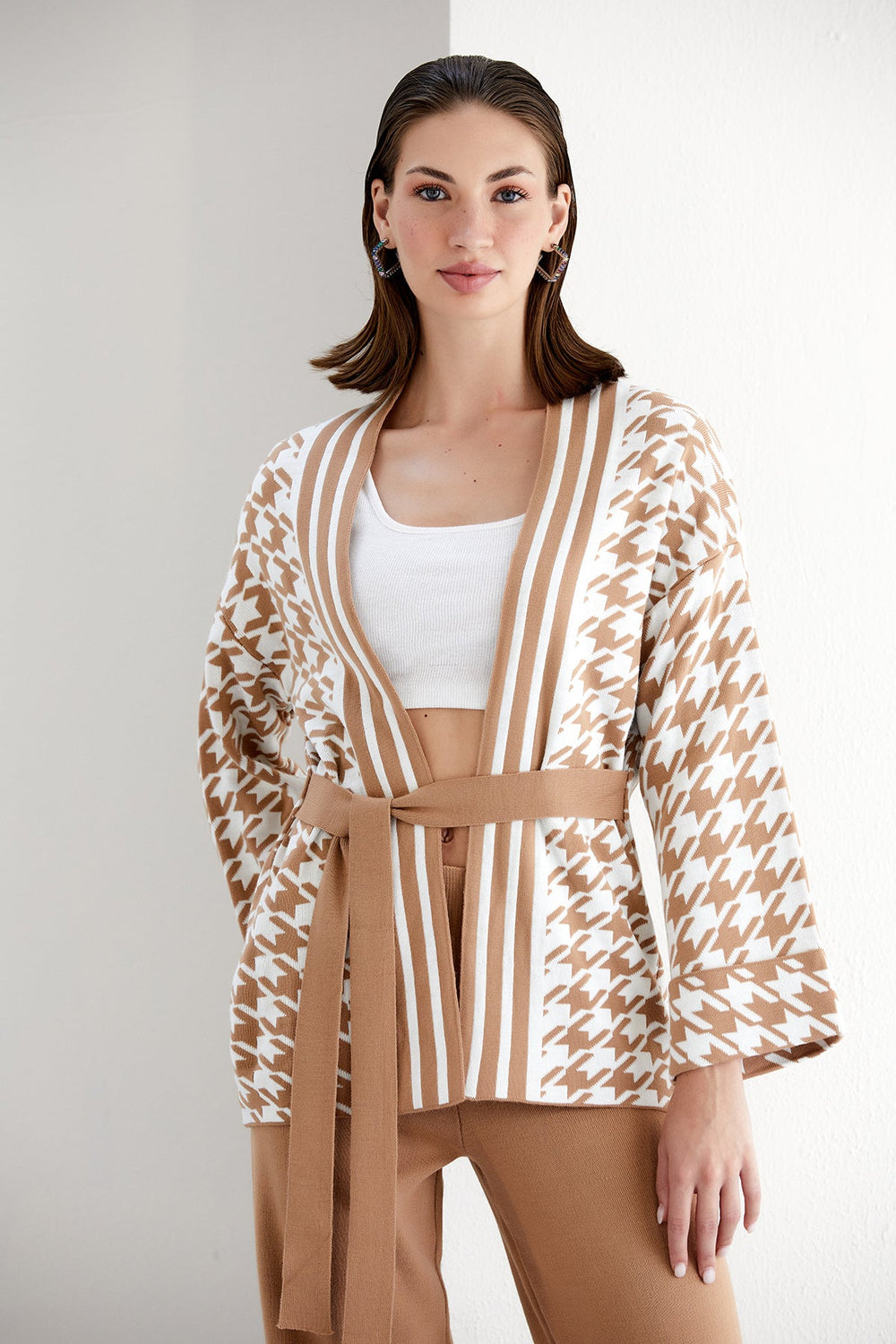 Knitted Wrap Cardigan and Wide Leg Trousers Co Ord set in Camel/White - jqwholesale.com