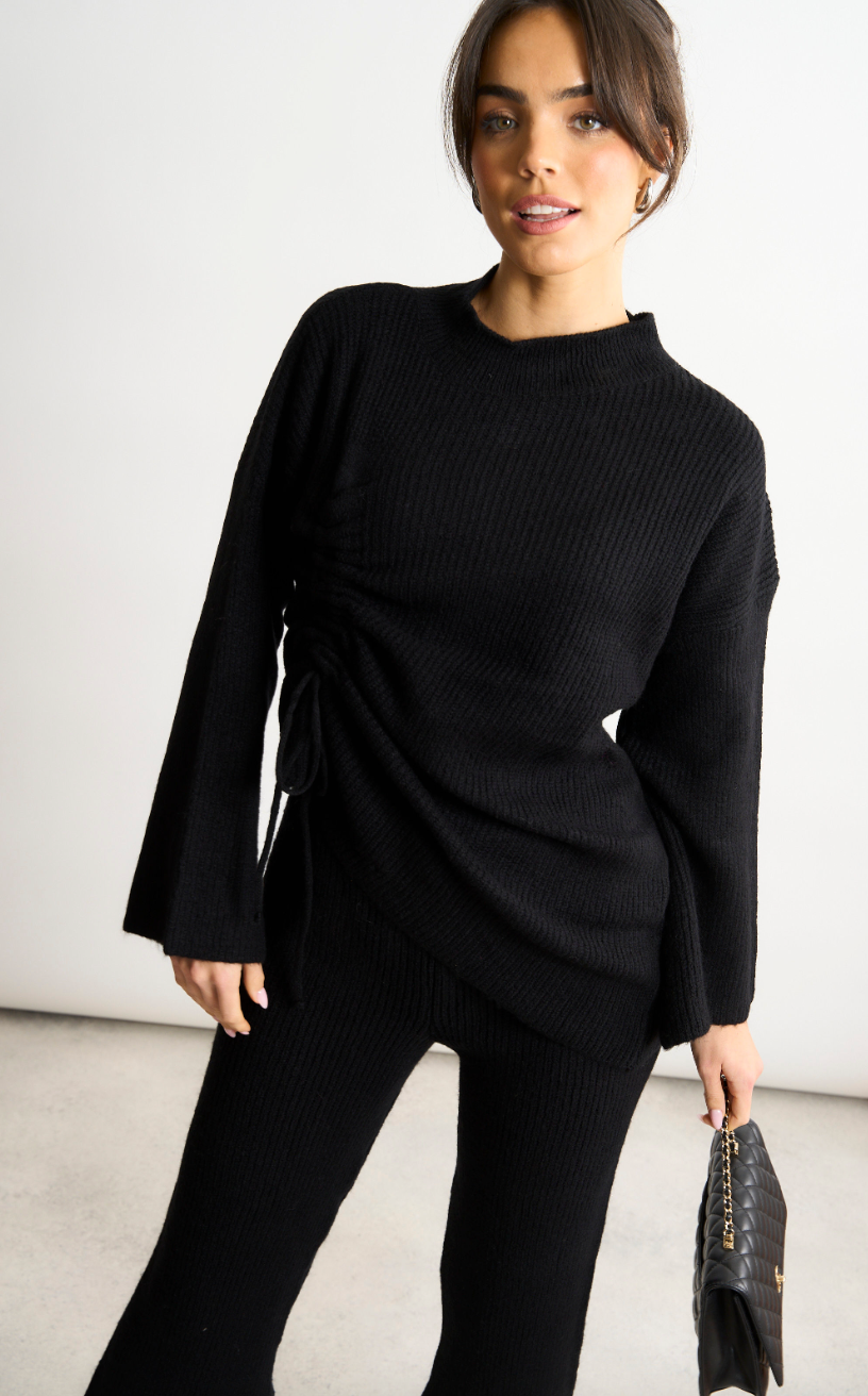 Knitted Co Ord set with Lacing Jumper and wide leg trousers in Black - jqwholesale.com