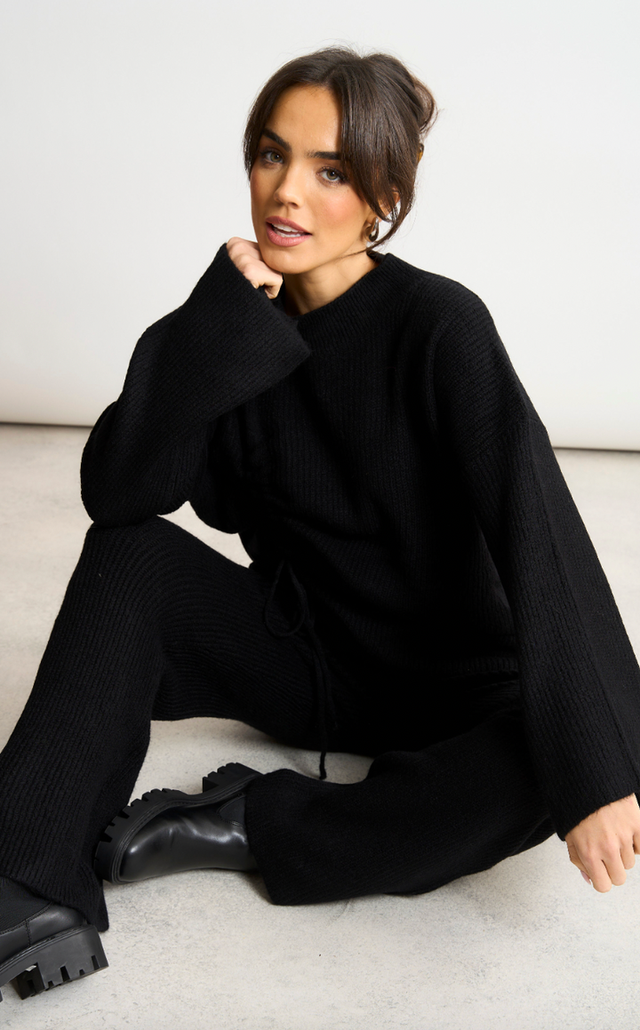 Knitted Co Ord set with Lacing Jumper and wide leg trousers in Black - jqwholesale.com