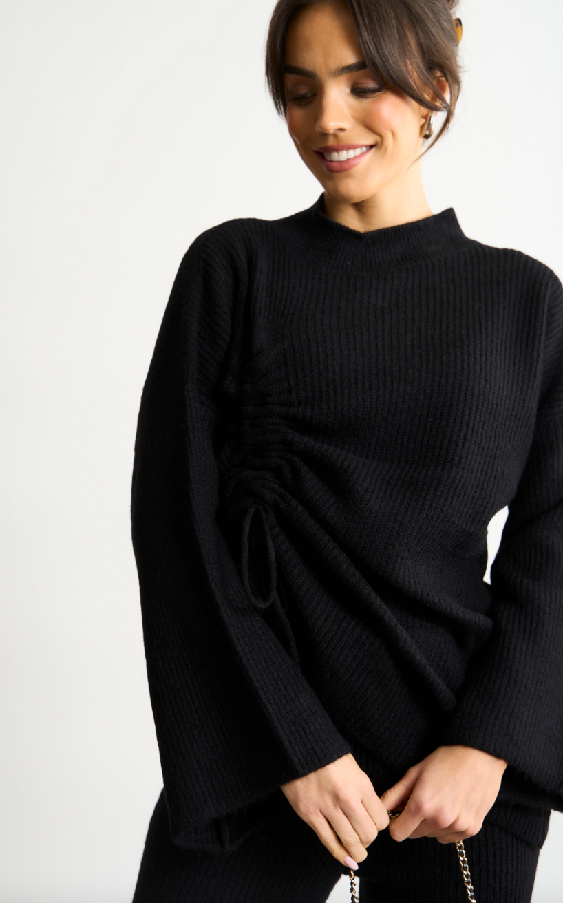 Knitted Co Ord set with Lacing Jumper and wide leg trousers in Black - jqwholesale.com