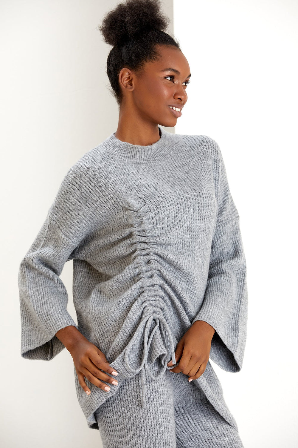 Knitted Co Ord set with Lacing Jumper and wide leg trousers in Grey - jqwholesale.com