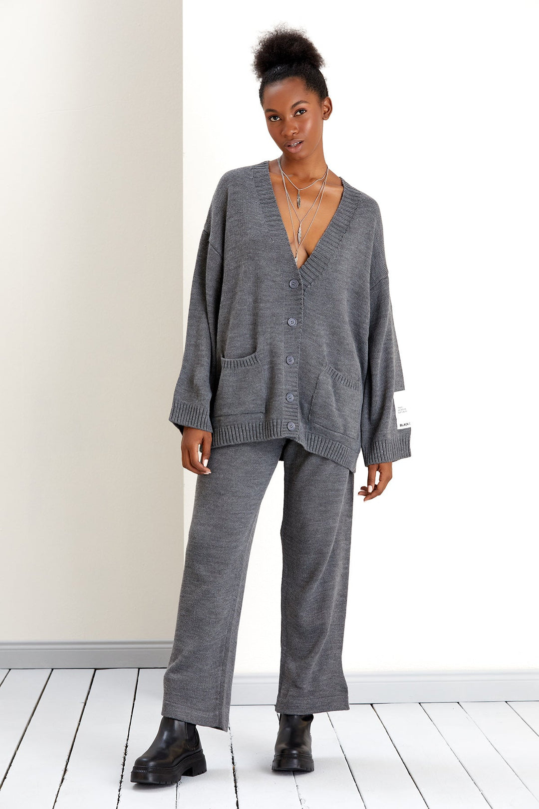 Oversize Knitted Cardigan and Wide Trousers Co ord set in Grey - jqwholesale.com