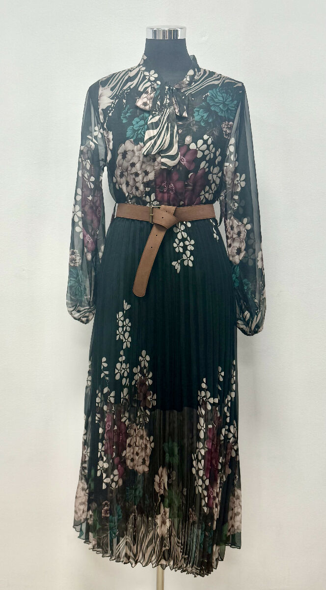 Pleated Long Floral Print Dress