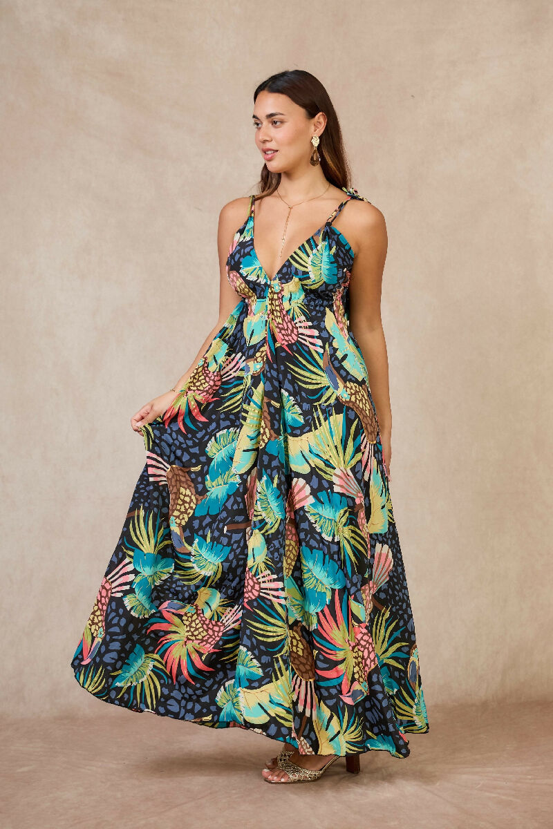 Long bohemian silk backless dress - Bleu