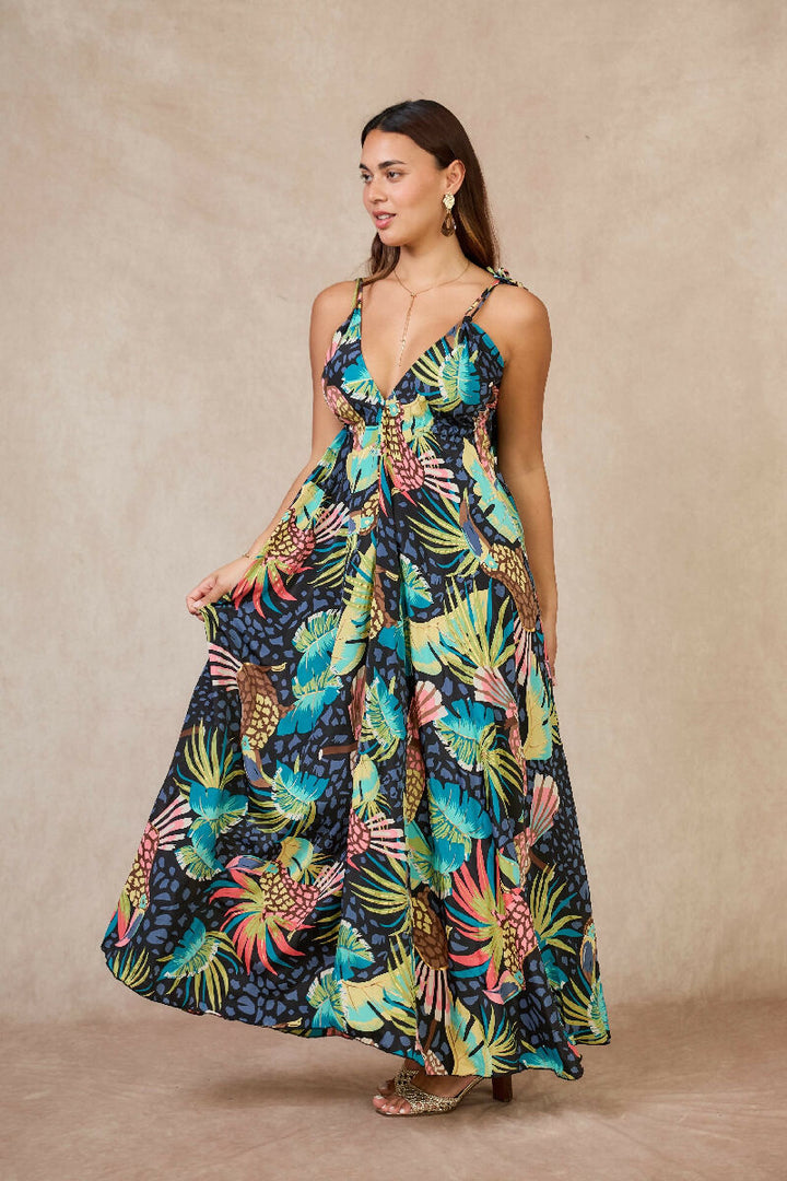 Long bohemian silk backless dress - Bleu