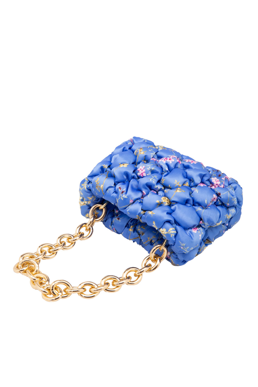 Blue Ruched Floral Mini Bag with Gold Chain