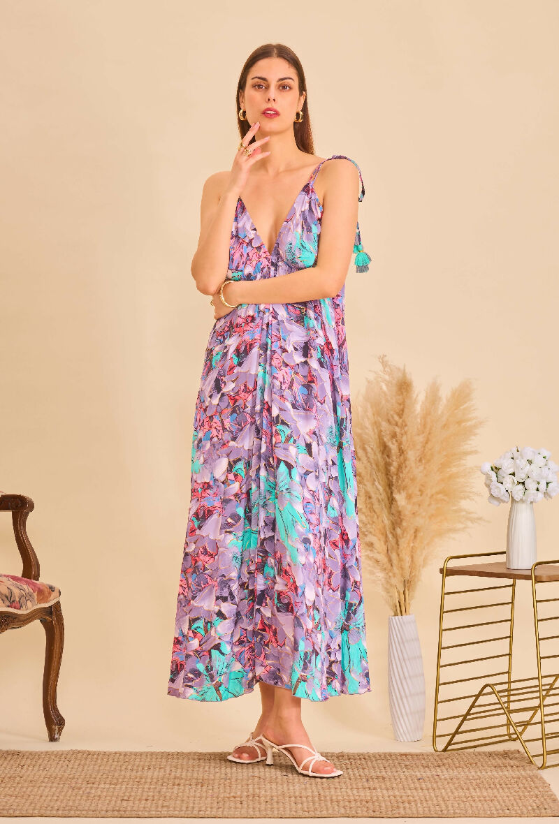 Long bohemian silk backless dress - Gray